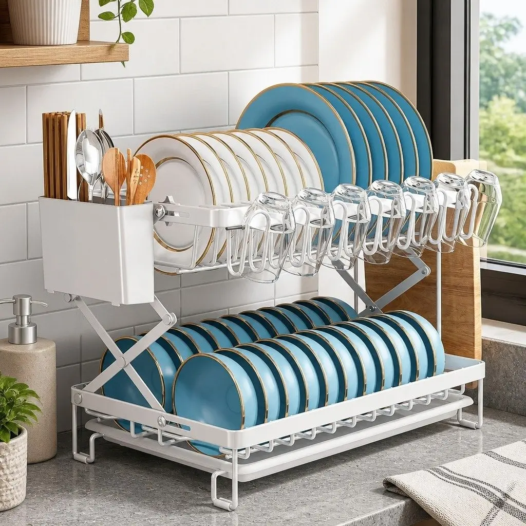 2-Tier Dish Drying Rack Kitchen Organization Large Capacity White