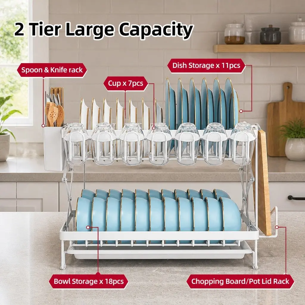 2-Tier Dish Drying Rack Kitchen Organization Large Capacity White