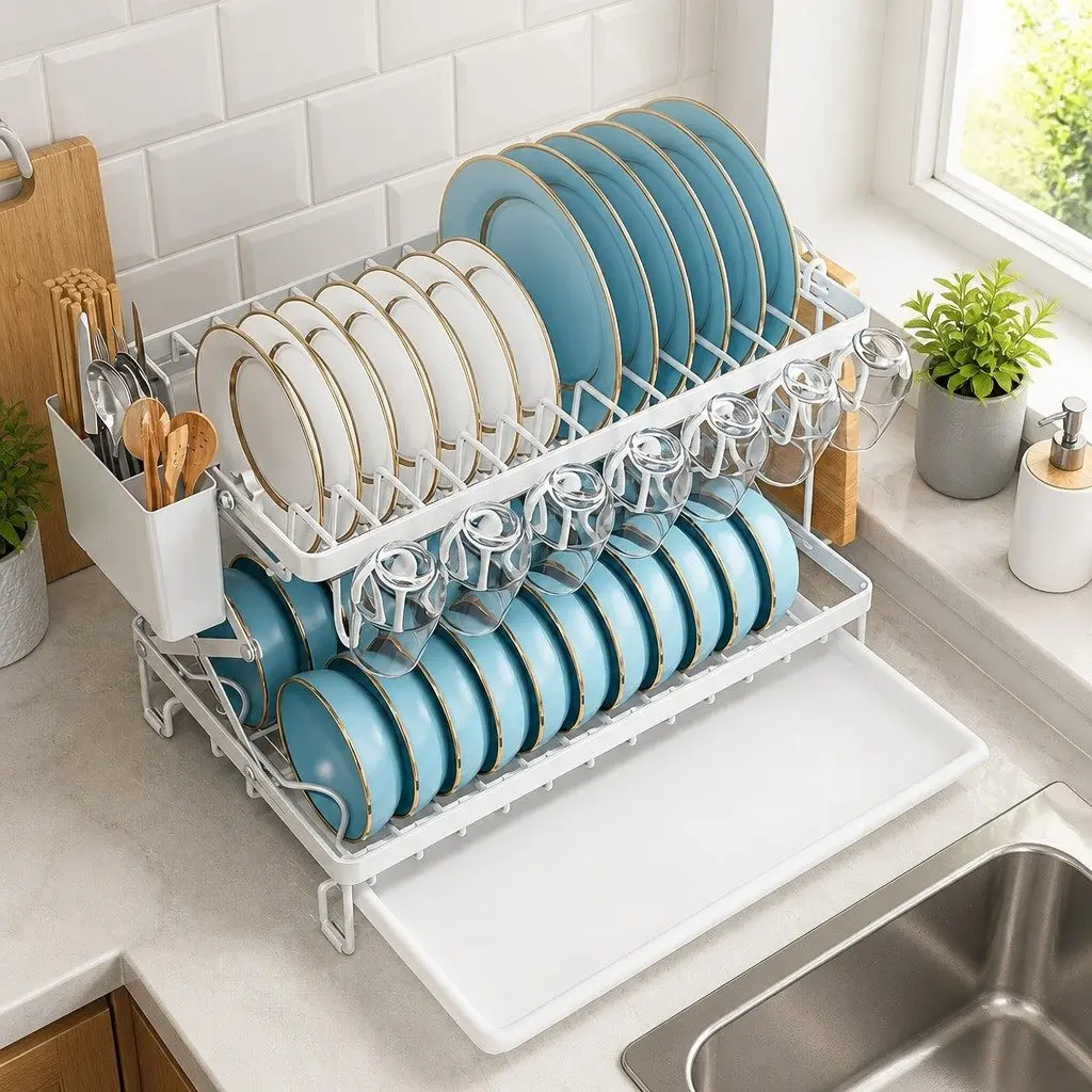 2-Tier Dish Drying Rack Kitchen Organization Large Capacity White