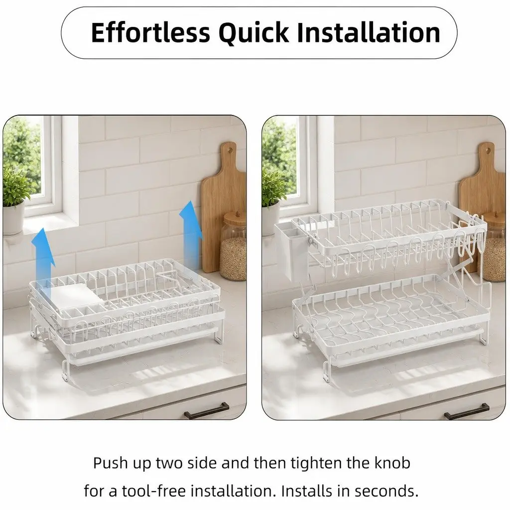 2-Tier Dish Drying Rack Kitchen Organization Large Capacity White