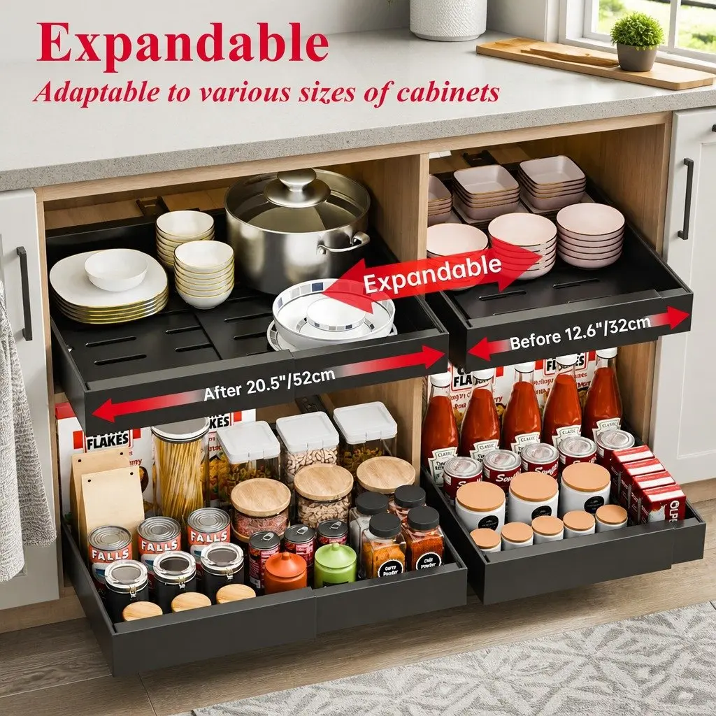 Pull Out Cabinet Organizer Adjustable Slide Out Shelves Storage 40 x 27 x 7 cm Black