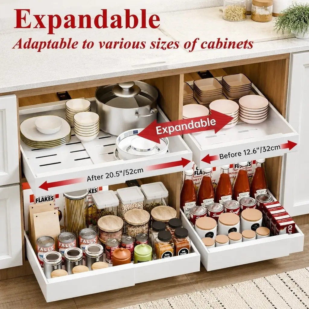 Pull Out Cabinet Organizer Adjustable Slide Out Shelves 40 x 27 x 7 cm White