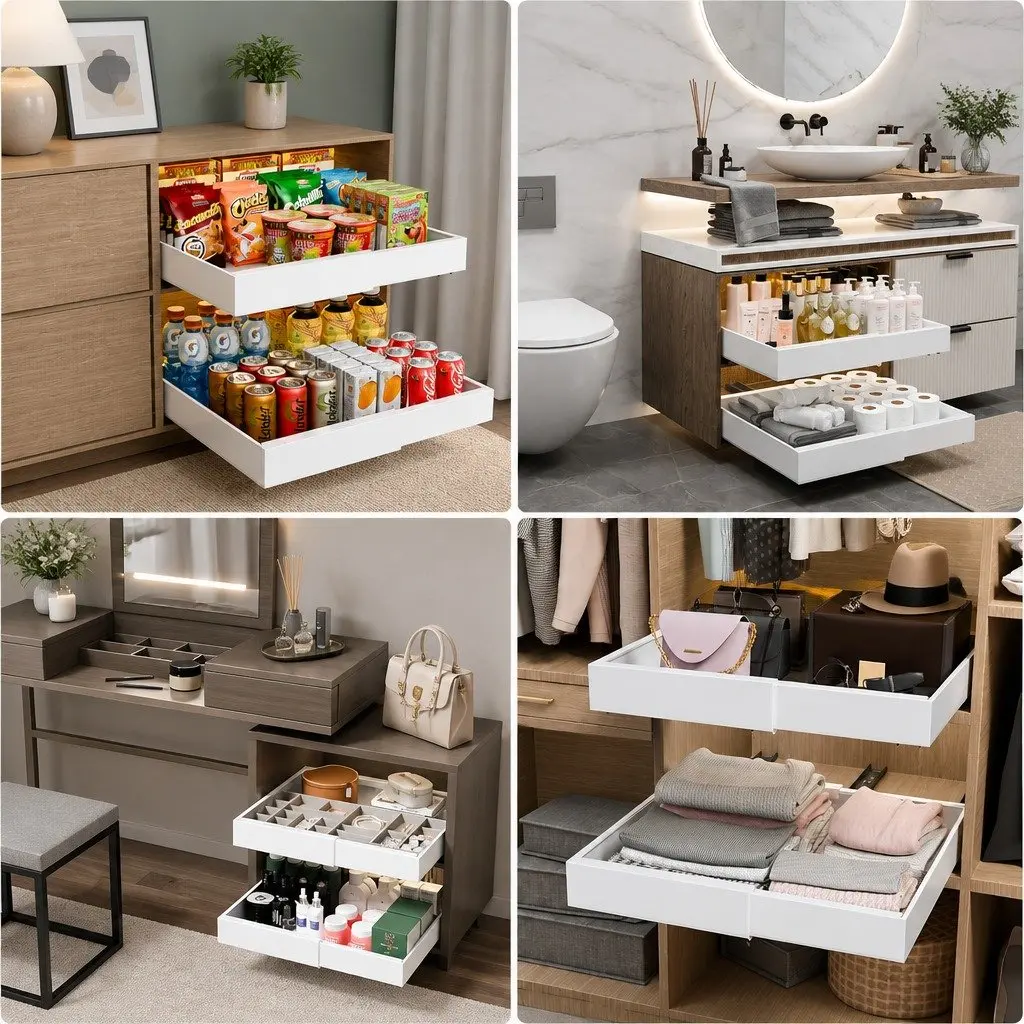 Pull Out Cabinet Organizer Adjustable Slide Out Shelves 40 x 27 x 7 cm White