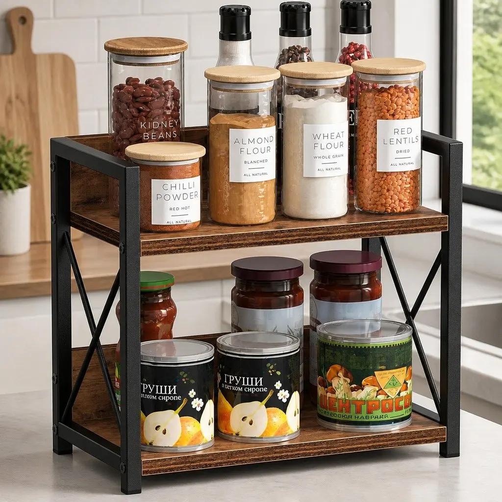 2-Tier Countertop Shelf Organizer Kitchen Spice Rack Rustic Wood Storage 27x30x16cm
