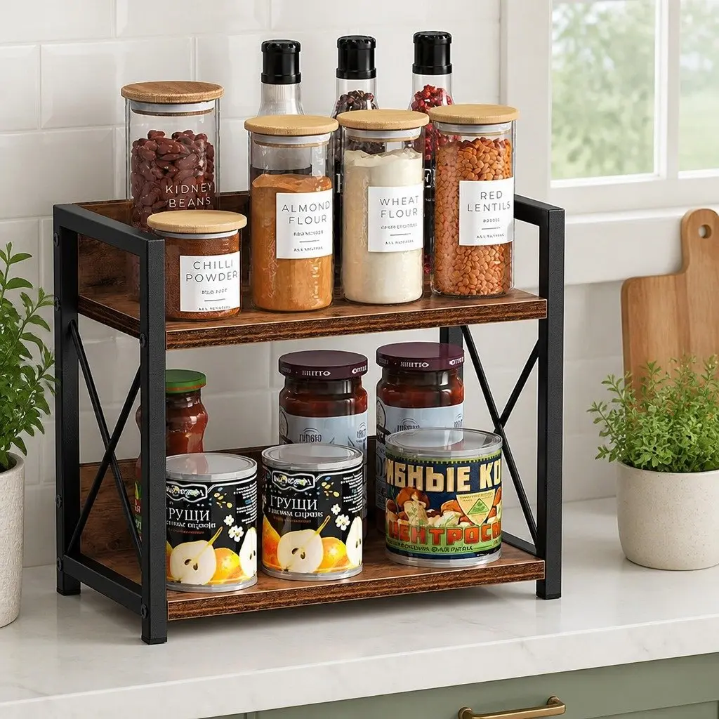 2-Tier Countertop Shelf Organizer Kitchen Spice Rack Rustic Wood Storage 27x30x16cm