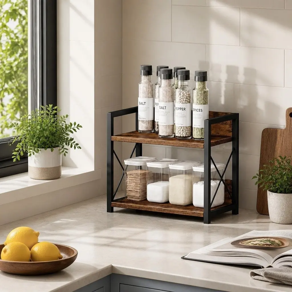 2-Tier Countertop Shelf Organizer Kitchen Spice Rack Rustic Wood Storage 27x30x16cm