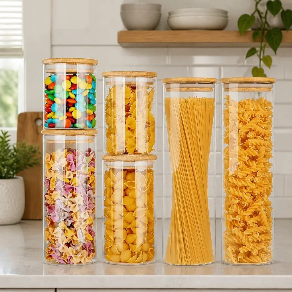 Glass Storage Jars 6 Pack Bamboo Lids Kitchen Pantry Airtight Containers