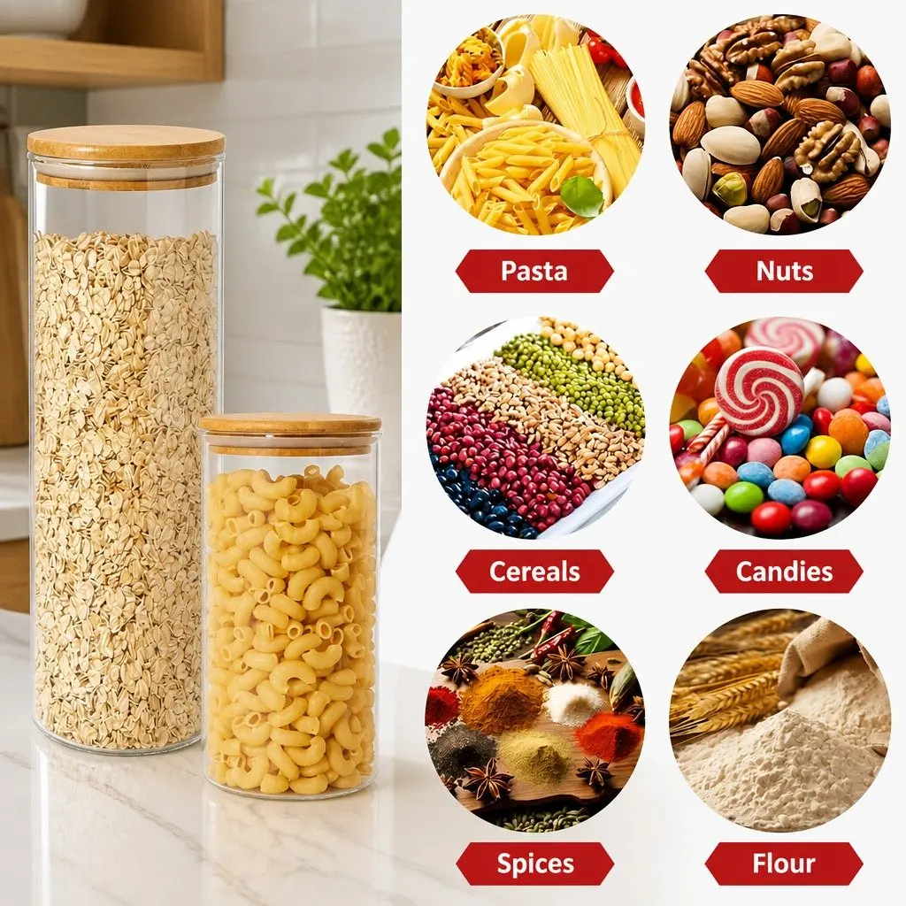 Glass Storage Jars 6 Pack Bamboo Lids Kitchen Pantry Airtight Containers