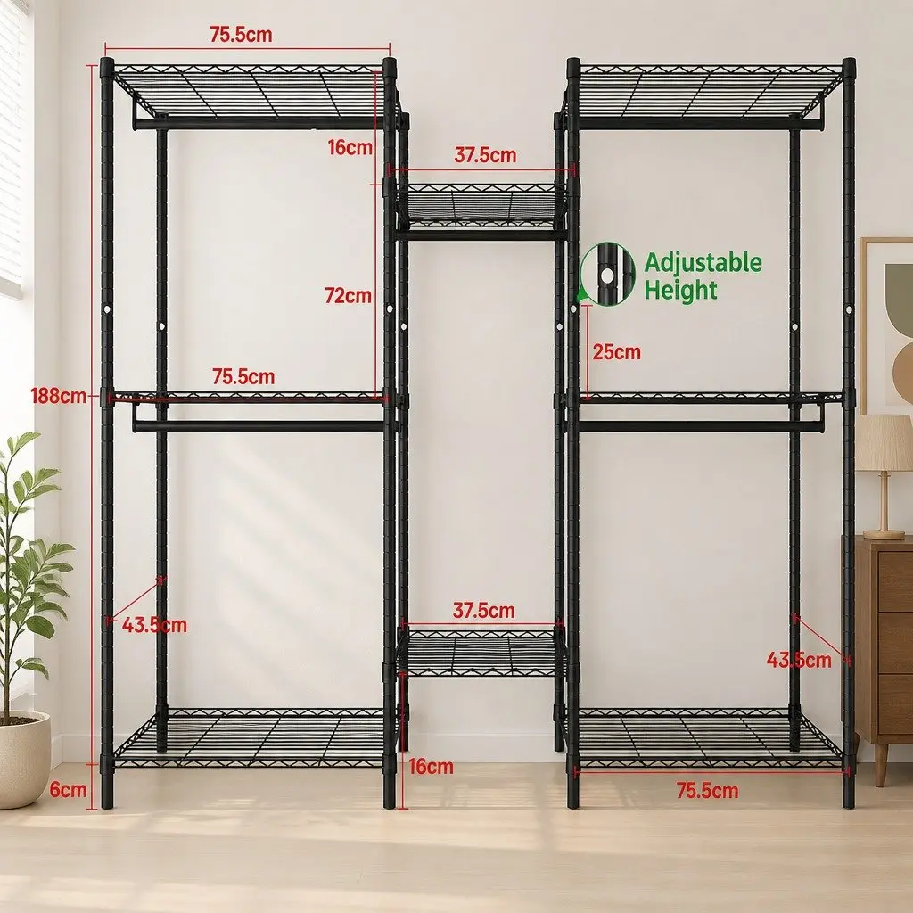 Heavy Duty Garment Rack Organizer Adjustable Clothing Storage Shelves 44cm L x 188cm W x 189cm H Steel