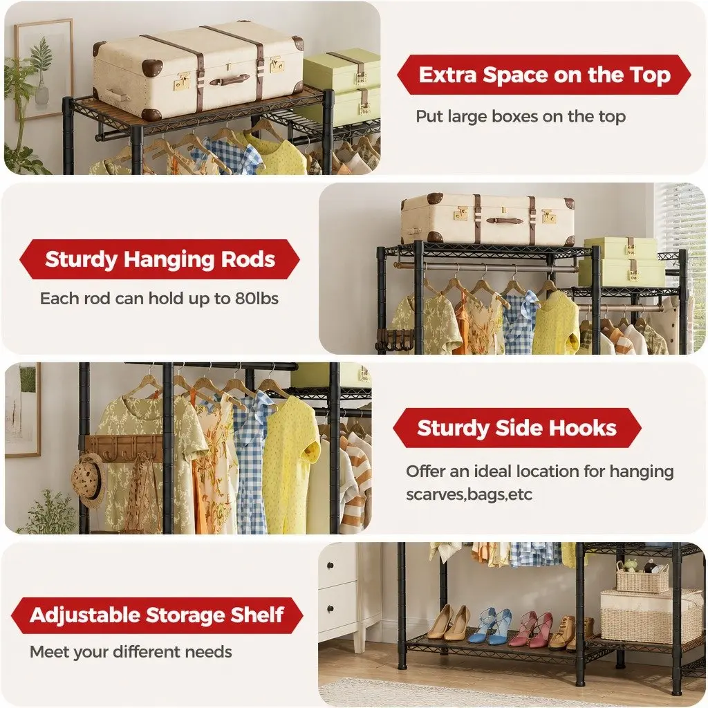 Heavy Duty Garment Rack Organizer Adjustable Clothing Storage Shelves 44cm L x 188cm W x 189cm H Steel