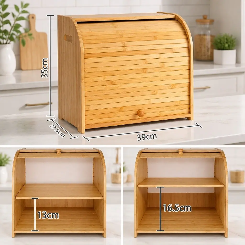 Bamboo Bread Box Roll Top Storage Organizer 2-Tier Kitchen Counter Natural