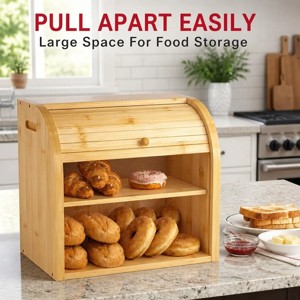 Bamboo Bread Box Roll Top Storage Organizer 2-Tier Kitchen Counter Natural