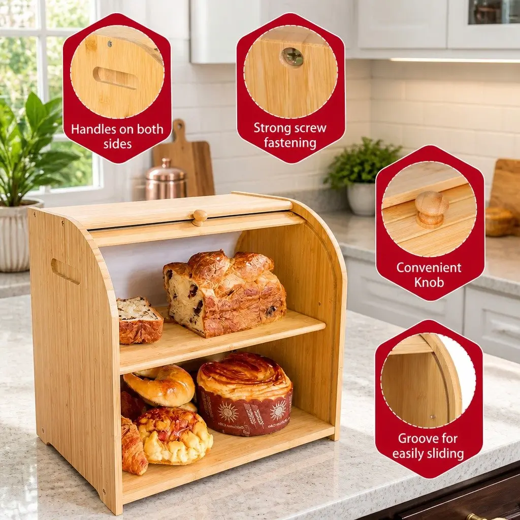 Bamboo Bread Box Roll Top Storage Organizer 2-Tier Kitchen Counter Natural