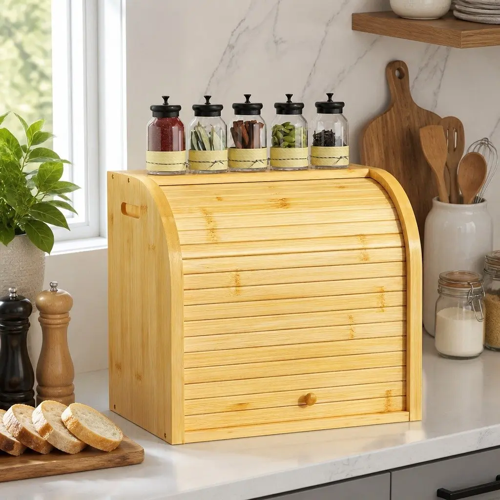 Bamboo Bread Box Roll Top Storage Organizer 2-Tier Kitchen Counter Natural
