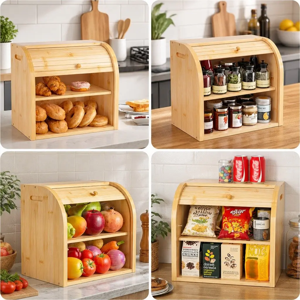 Bamboo Bread Box Roll Top Storage Organizer 2-Tier Kitchen Counter Natural