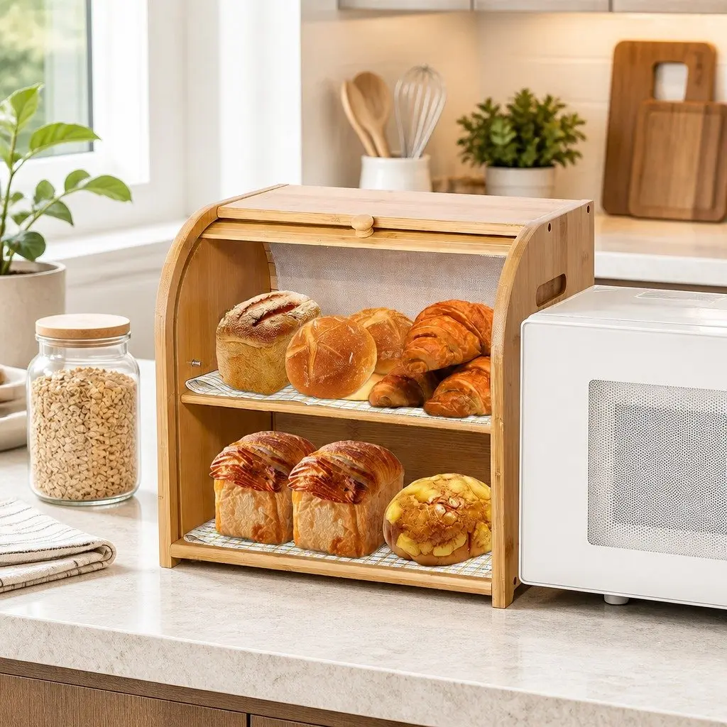 Bamboo Bread Box Roll Top Storage Organizer 2-Tier Kitchen Counter Natural