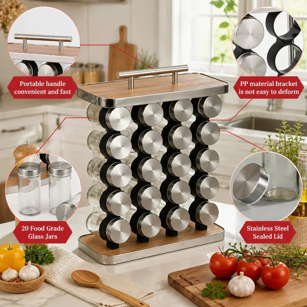 Spice Rack Organizer Kitchen Storage Countertop 20 Jar Wood Grain