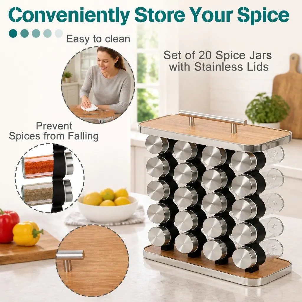 Spice Rack Organizer Kitchen Storage Countertop 20 Jar Wood Grain