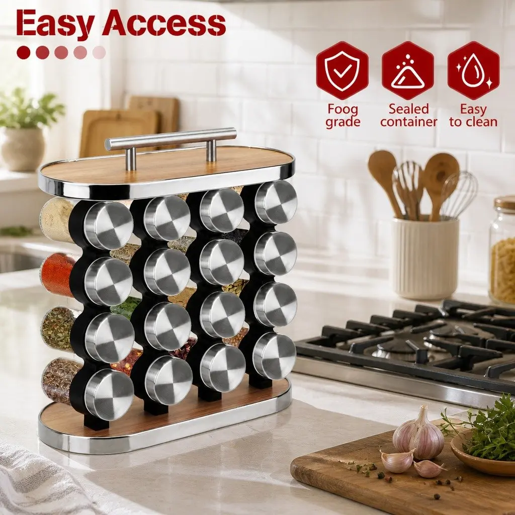 Spice Rack Organizer Kitchen Storage Countertop 20 Jar Wood Grain