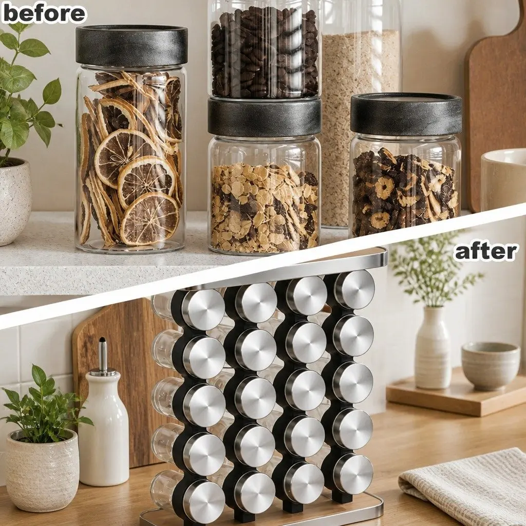 Spice Rack Organizer Kitchen Storage Countertop 20 Jar Wood Grain
