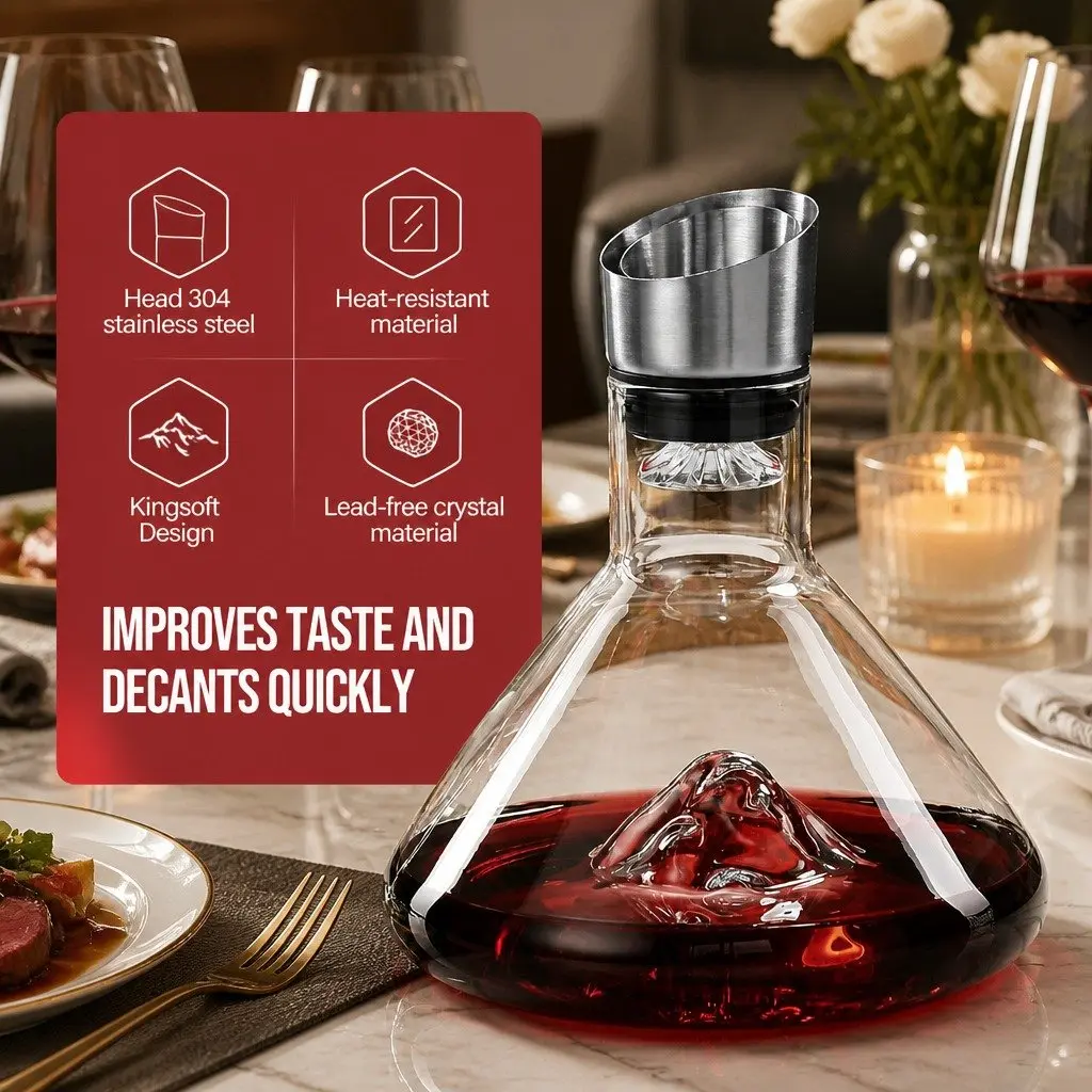 Wine Decanter Aerator 22cm Lead-Free Crystal Glass Waterfall Pouring Spout with Stainless Steel Silicone Lid