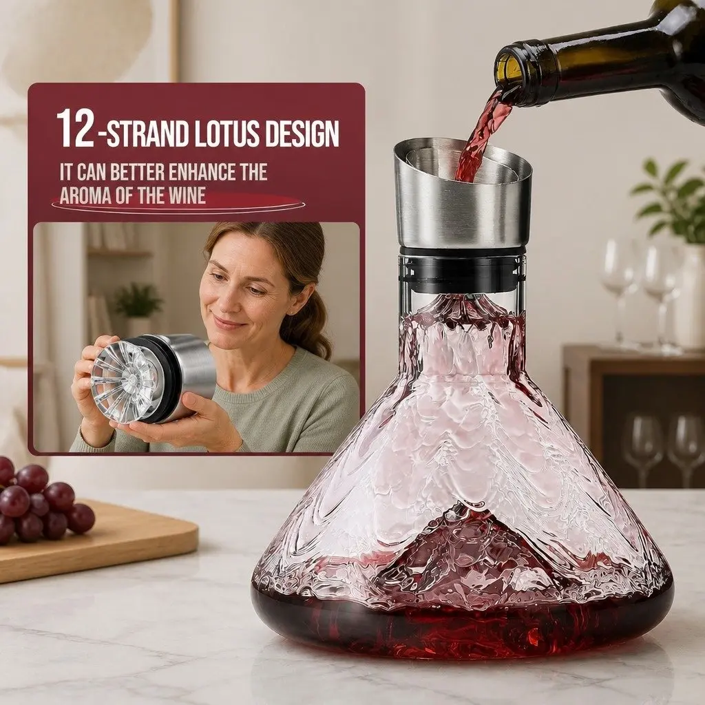 Wine Decanter Aerator 22cm Lead-Free Crystal Glass Waterfall Pouring Spout with Stainless Steel Silicone Lid