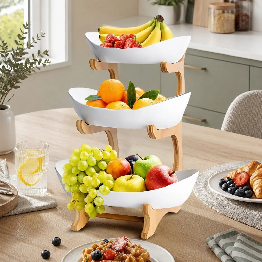 3-Tier Ceramic Fruit Bowl Stand Kitchen Counter Snack Tray White Ceramic Bamboo Frame