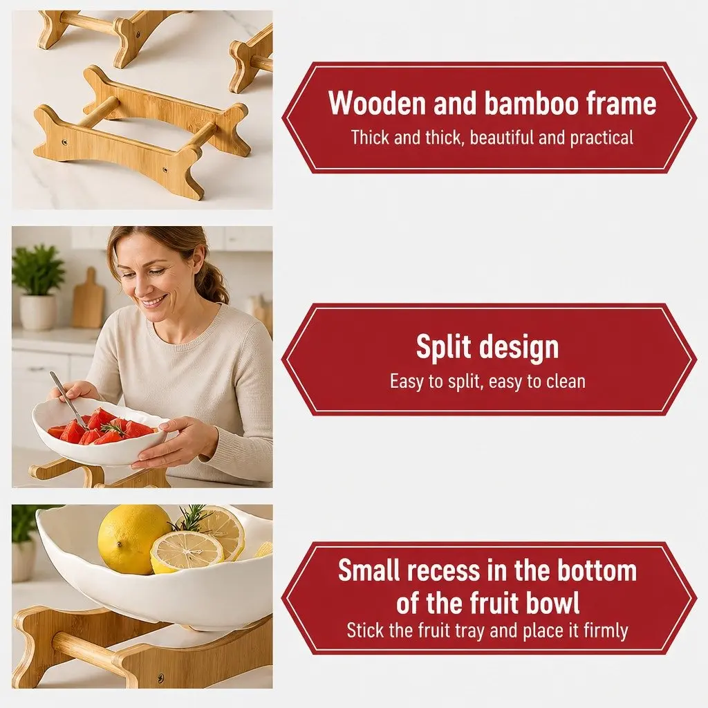 3-Tier Ceramic Fruit Bowl Stand Kitchen Counter Snack Tray White Ceramic Bamboo Frame