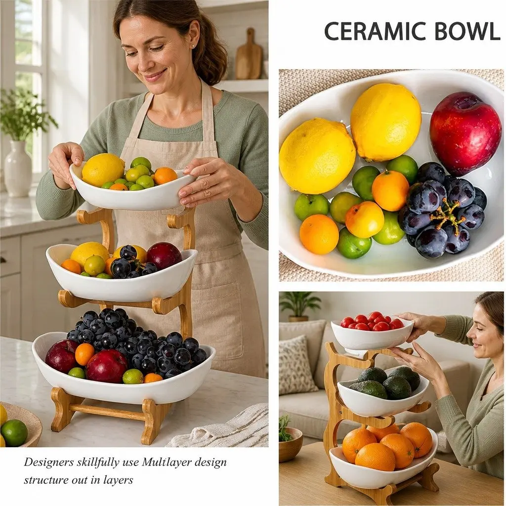 3-Tier Ceramic Fruit Bowl Stand Kitchen Counter Snack Tray White Ceramic Bamboo Frame