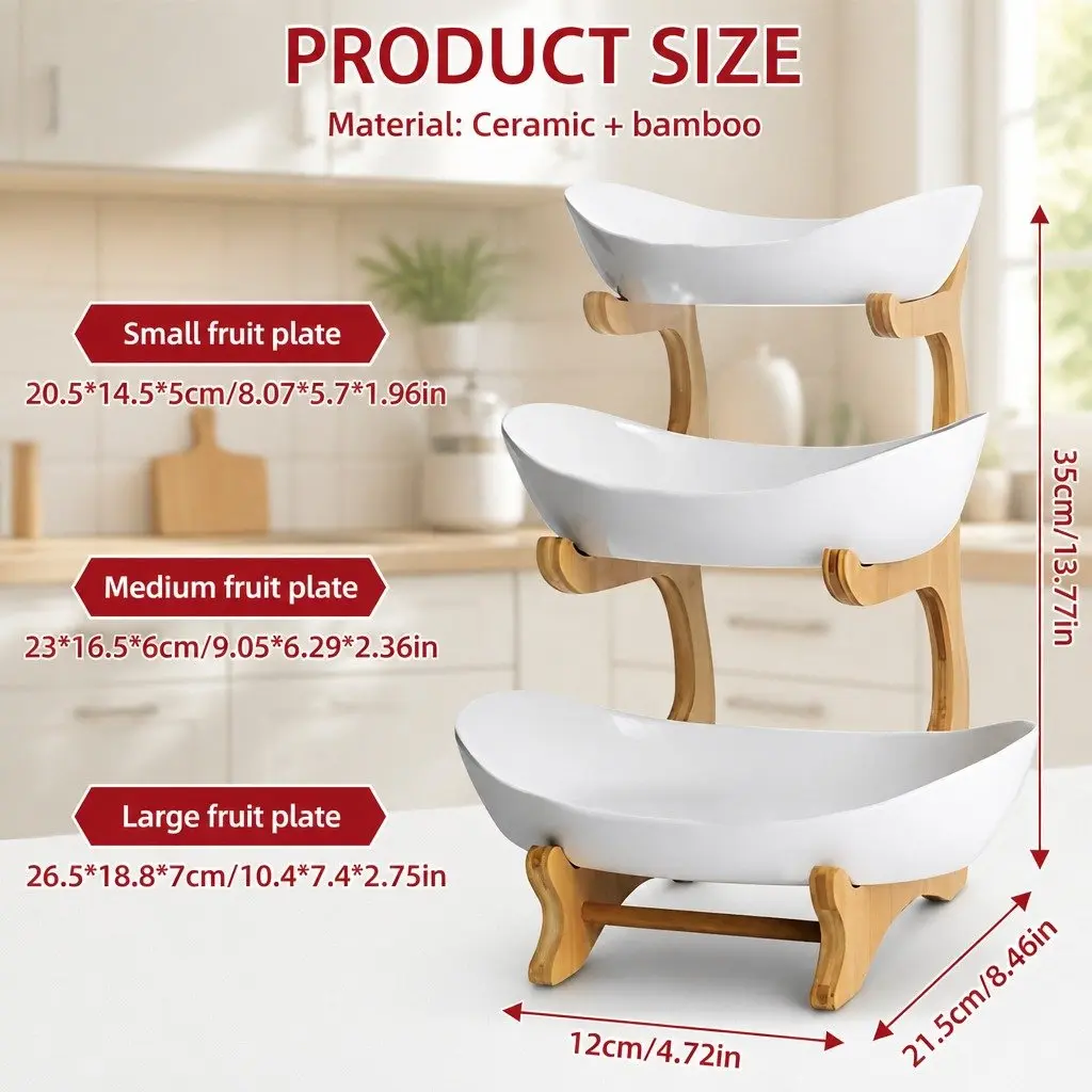 3-Tier Ceramic Fruit Bowl Stand Kitchen Counter Snack Tray White Ceramic Bamboo Frame