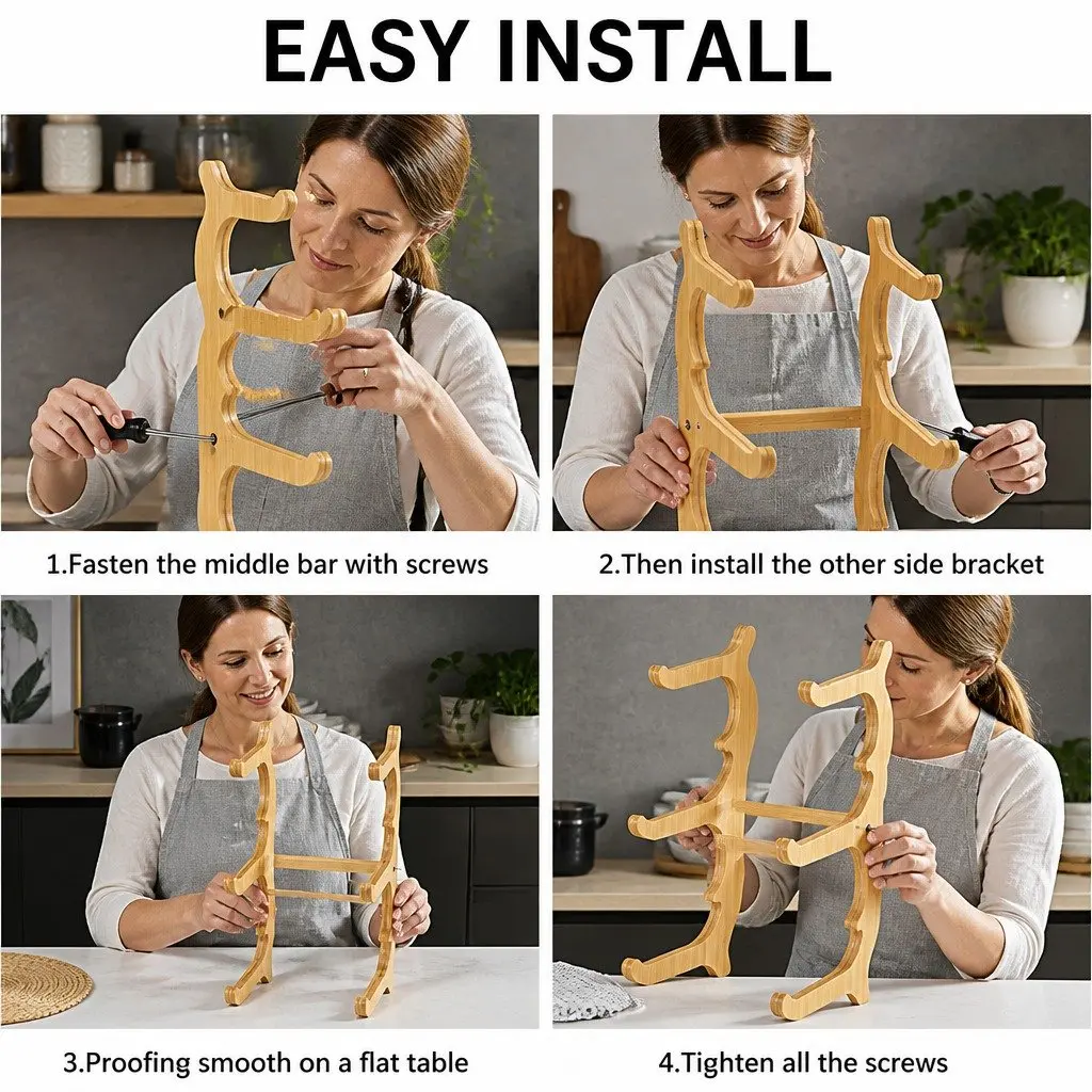 3-Tier Ceramic Fruit Bowl Stand Kitchen Counter Snack Tray White Ceramic Bamboo Frame