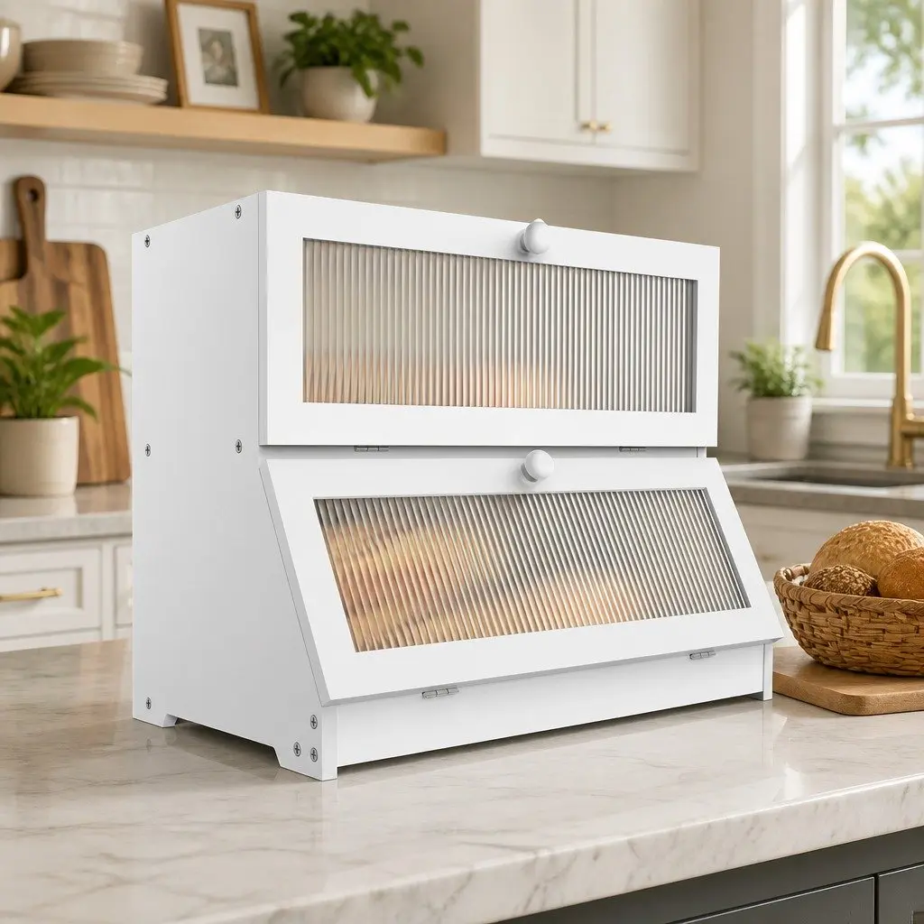 Double Layer Bamboo Bread Box Kitchen Counter Storage Container White