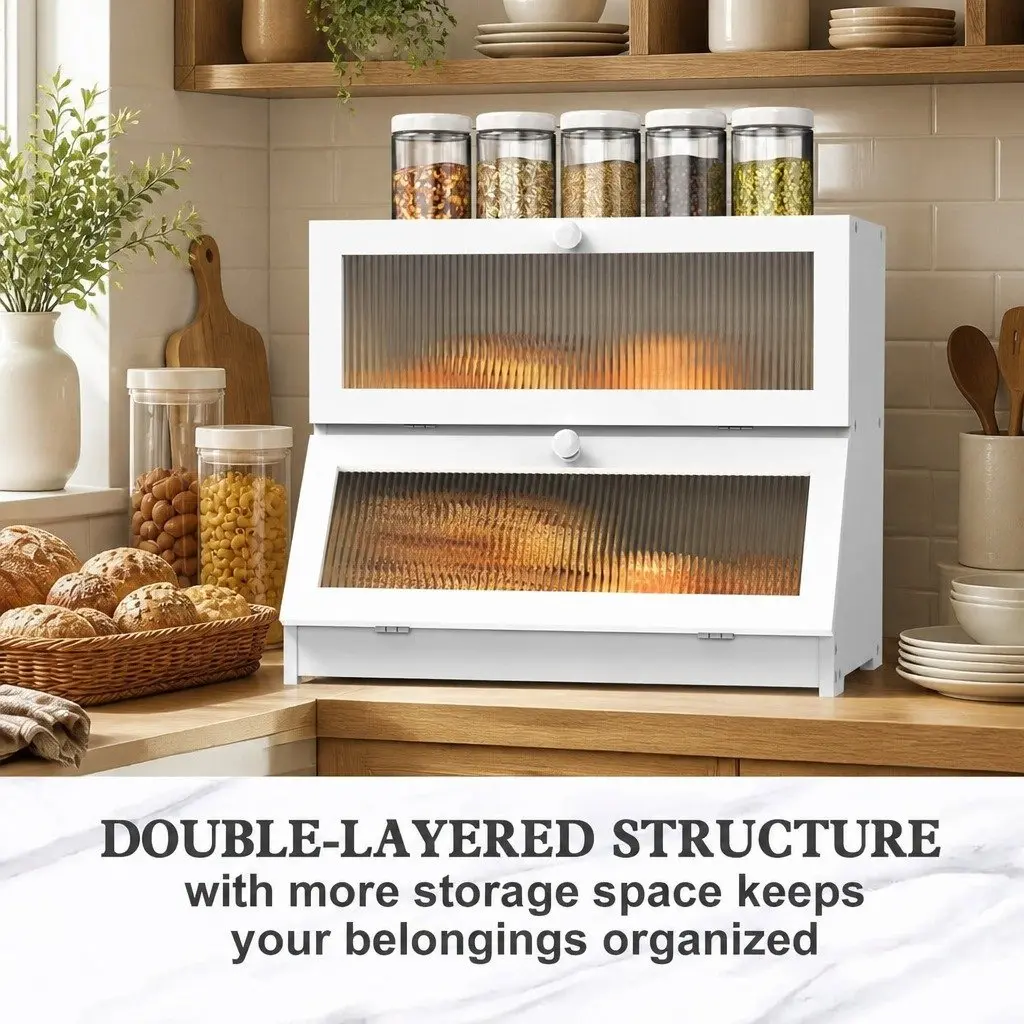 Double Layer Bamboo Bread Box Kitchen Counter Storage Container White