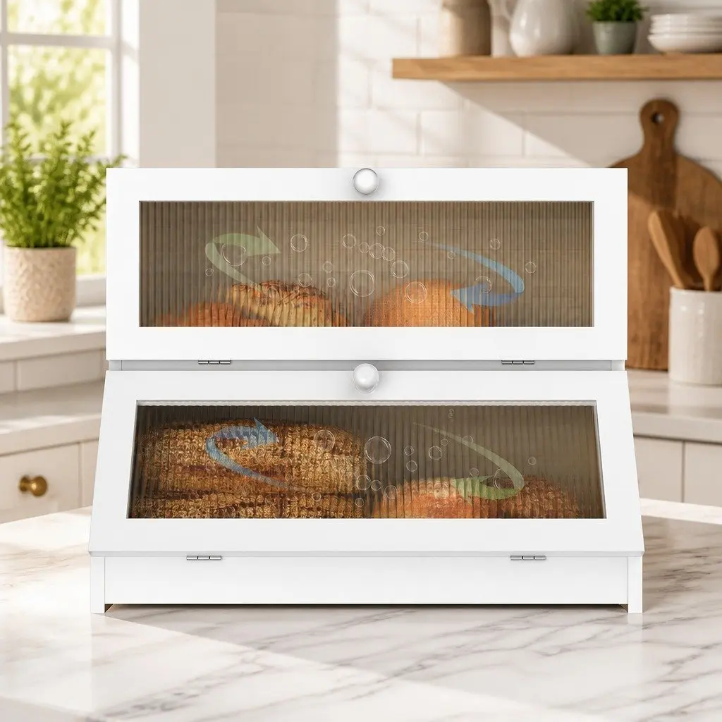 Double Layer Bamboo Bread Box Kitchen Counter Storage Container White