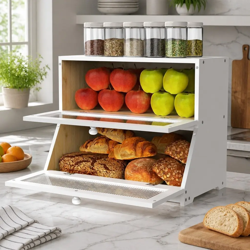 Double Layer Bamboo Bread Box Kitchen Counter Storage Container White