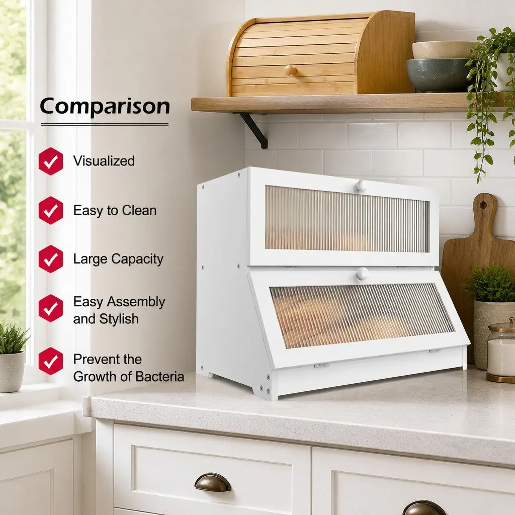 Double Layer Bamboo Bread Box Kitchen Counter Storage Container White