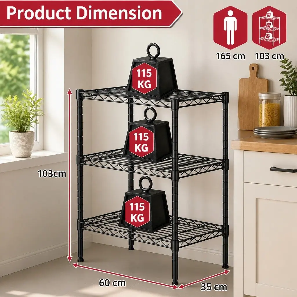 3-Tier Metal Storage Shelves Wire Rack Organizer Kitchen Pantry Bathroom Laundry