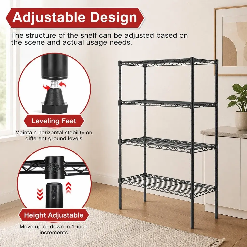Metal Storage Shelves 4-Tier Adjustable Wire Rack Organizer Kitchen Pantry Bathroom Laundry 60cm x 40cm x 140cm