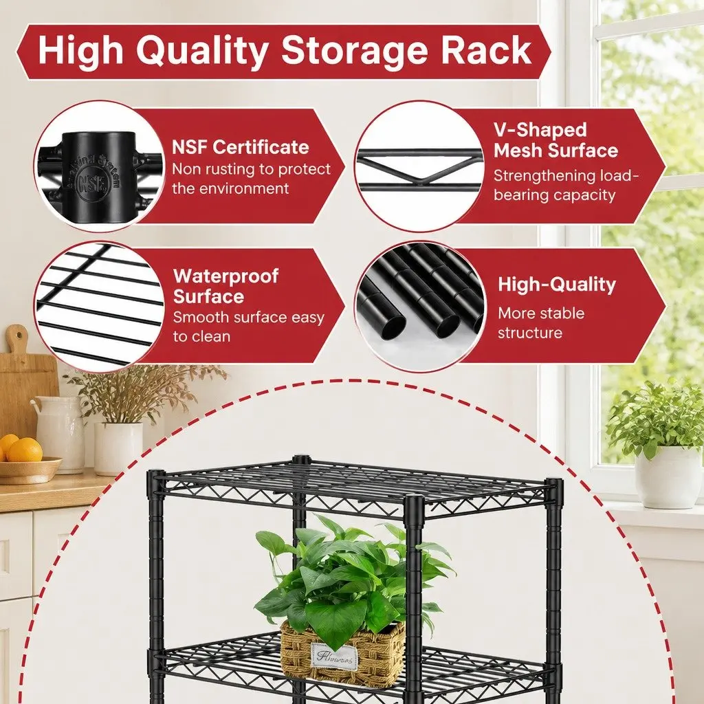 Metal Storage Shelves 4-Tier Adjustable Wire Rack Organizer Kitchen Pantry Bathroom Laundry 60cm x 40cm x 140cm