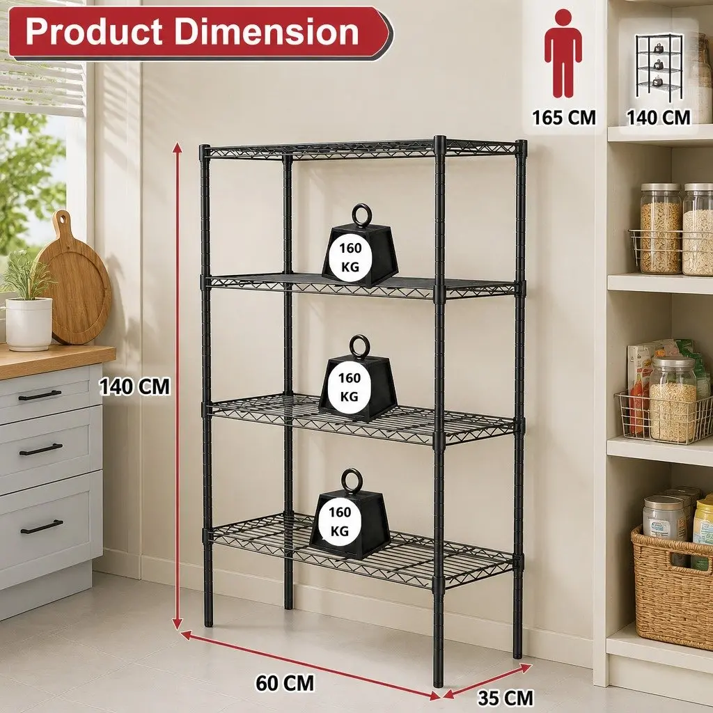 Metal Storage Shelves 4-Tier Adjustable Wire Rack Organizer Kitchen Pantry Bathroom Laundry 60cm x 40cm x 140cm