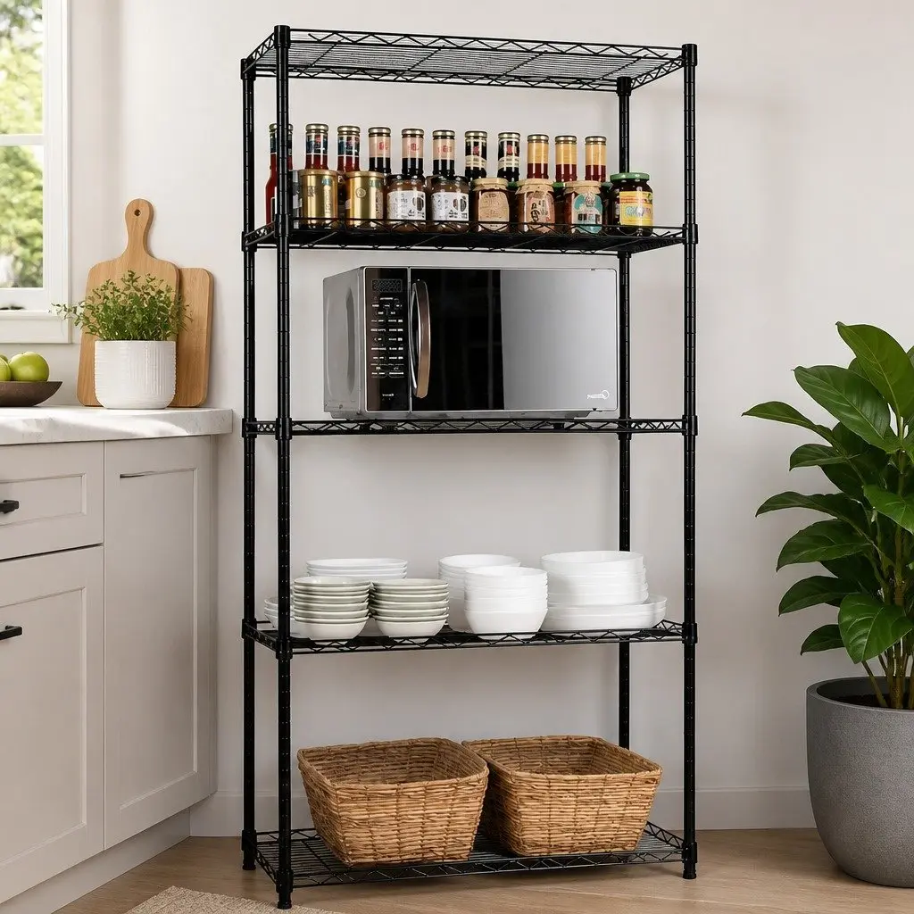 5-Tier Adjustable Metal Storage Shelves Wire Rack Organizer Kitchen Pantry 60cm x 40cm x 145cm