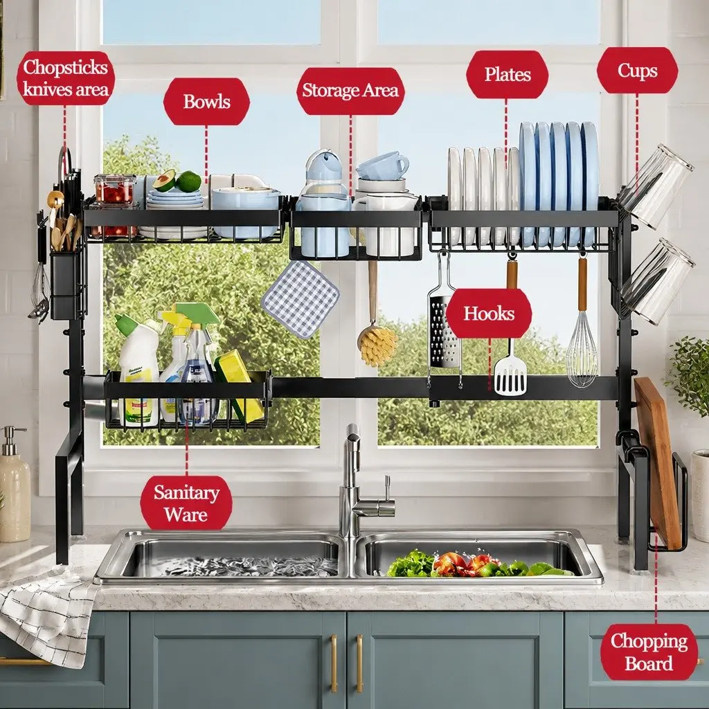 Over the Sink Dish Drying Rack Adjustable Kitchen Counter Storage 85 cm Carbon Steel