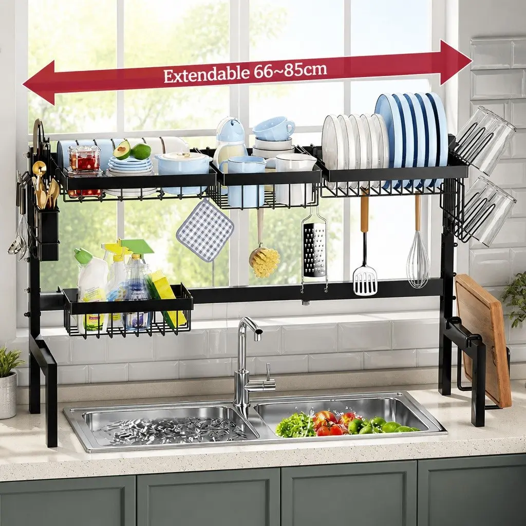 Over the Sink Dish Drying Rack Adjustable Kitchen Counter Storage 85 cm Carbon Steel