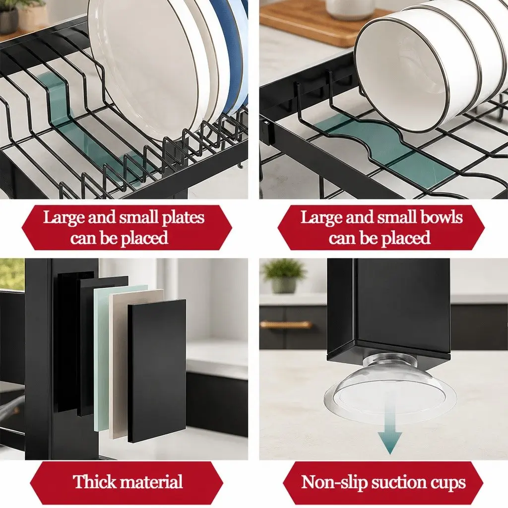 Over the Sink Dish Drying Rack Adjustable Kitchen Counter Storage 85 cm Carbon Steel