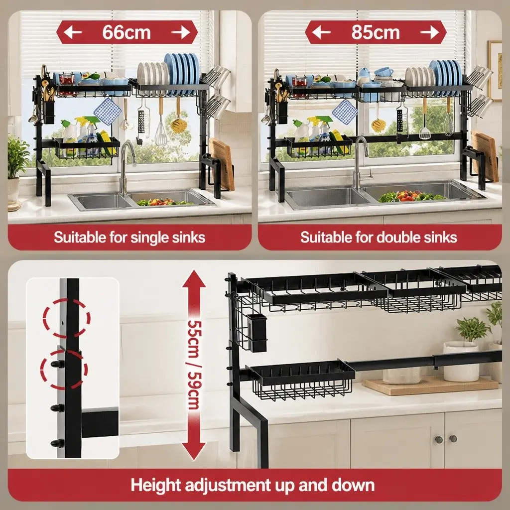 Over the Sink Dish Drying Rack Adjustable Kitchen Counter Storage 85 cm Carbon Steel