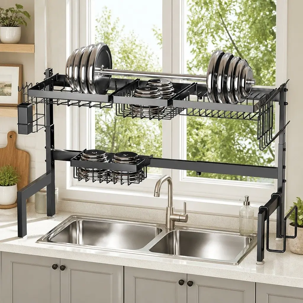 Over the Sink Dish Drying Rack Adjustable Kitchen Counter Storage 85 cm Carbon Steel