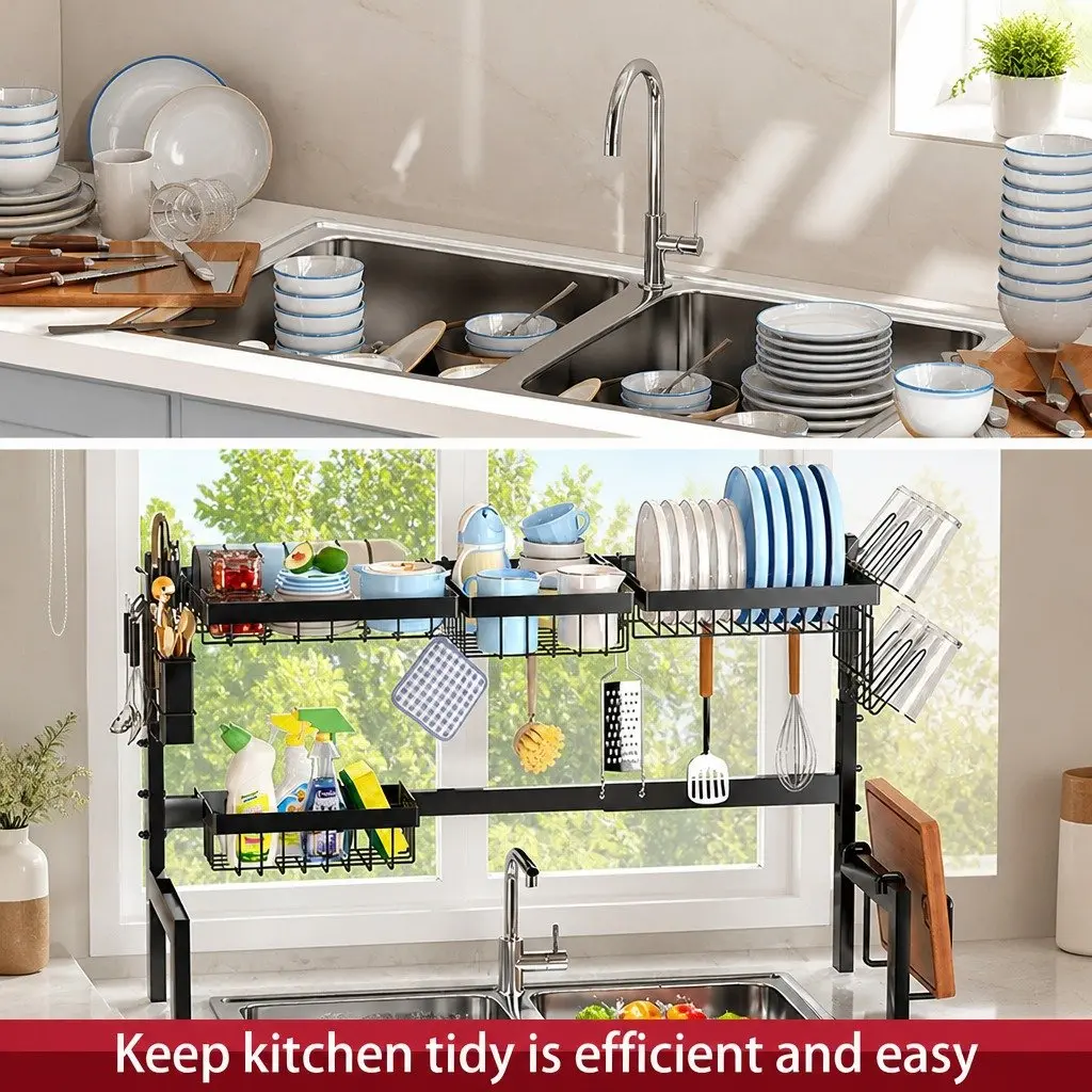 Over the Sink Dish Drying Rack Adjustable Kitchen Counter Storage 85 cm Carbon Steel