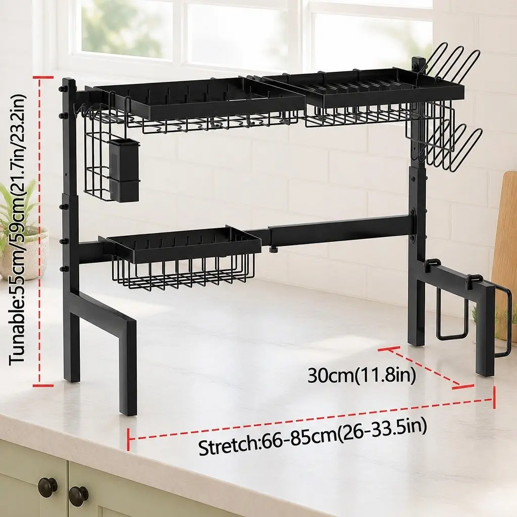 Over the Sink Dish Drying Rack Adjustable Kitchen Counter Storage 85 cm Carbon Steel