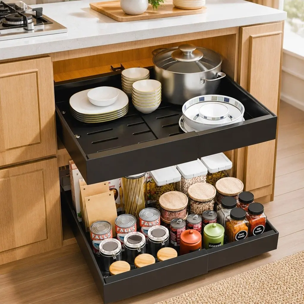Pull Out Cabinet Organizer Expandable Slide Out Shelves Kitchen Storage 2 Pack Black