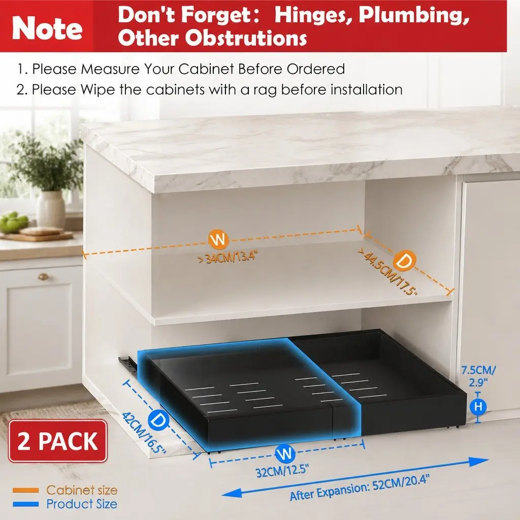 Pull Out Cabinet Organizer Expandable Slide Out Shelves Kitchen Storage 2 Pack Black
